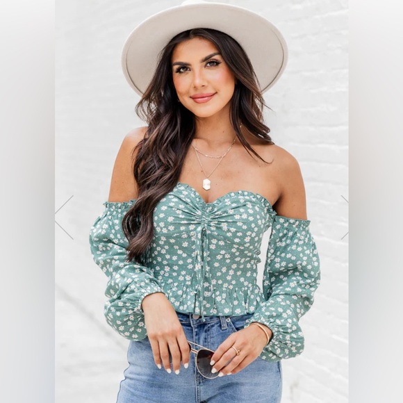 Pink Lily Tops - Pink Lily Sonic Blooms Sage Off The Shoulder Long Sleeve Blouse - Small